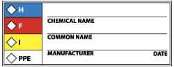 NMC - Hazardous Materials Label - Legend: H - F - I - PPE - Chemical Name ___ Common Name ___ Manufacturer ___ Date ___, English, Black, Blue, Red, Yellow & White, 4" Long x 1-1/2" High, Sign Muscle Finish - Eagle Tool & Supply
