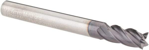 M.A. Ford - 6mm, 13mm LOC, 6mm Shank Diam, 57mm OAL, 4 Flute, Solid Carbide Square End Mill - Single End, TiAlN Finish, Spiral Flute, Variable° Helix, Centercutting, Right Hand Cut, Right Hand Flute, Series 177 - Eagle Tool & Supply