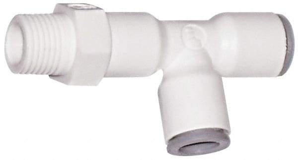 Parker - 1/4" OD, 1/8 NPTF, Bio-Sourced Nylon 11 Push-to-Connect Male Swivel Run Tee - 230 Max psi, White - Eagle Tool & Supply