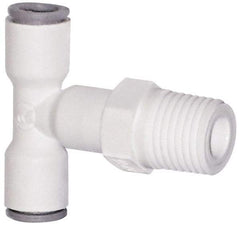 Parker - 1/4" OD, 3/8 NPTF, Bio-Sourced Nylon 11 Push-to-Connect Male Swivel Branch Tee - 230 Max psi, White - Eagle Tool & Supply