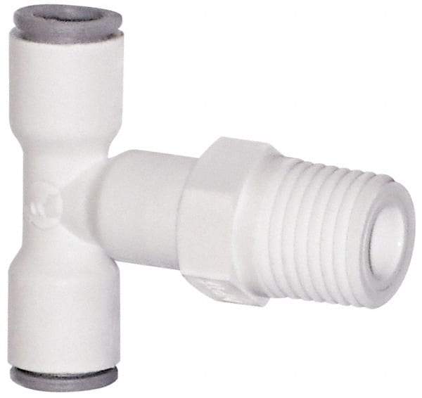 Parker - 1/4" OD, 1/4 NPTF, Bio-Sourced Nylon 11 Push-to-Connect Male Swivel Branch Tee - 230 Max psi, White - Eagle Tool & Supply