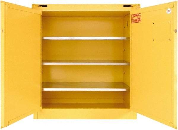 Securall Cabinets - 2 Door, 3 Shelf, Yellow Steel Standard Safety Cabinet for Flammable and Combustible Liquids - 46" High x 43" Wide x 18" Deep, Self Closing Door, 3 Point Key Lock, 40 Gal Capacity - Eagle Tool & Supply