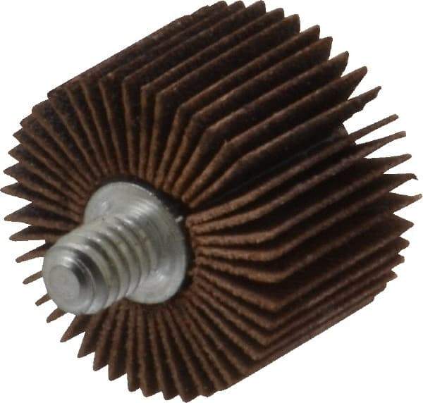 Merit Abrasives - 1" Diam x 5/8" Face Width, Fine Aluminum Oxide Coated Mounted Flap Wheel - 1/4-20 Threaded Mount, 120 Grit, Cloth Backing, 30,000 Max RPM - Eagle Tool & Supply