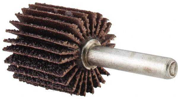 Merit Abrasives - 1" Diam x 1" Face Width, Coarse Aluminum Oxide Coated Mounted Flap Wheel - 1/4" Shank Mount, 40 Grit, Cloth Backing, 30,000 Max RPM - Eagle Tool & Supply