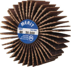 Merit Abrasives - 1-3/8" Diam x 5/8" Face Width, Medium Aluminum Oxide Coated Mounted Flap Wheel - 1/4-20 Threaded Mount, 80 Grit, Cloth Backing, 30,000 Max RPM - Eagle Tool & Supply