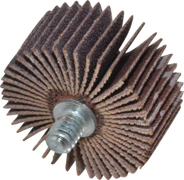 Merit Abrasives - 1-3/8" Diam x 5/8" Face Width, Fine Aluminum Oxide Coated Mounted Flap Wheel - 1/4-20 Threaded Mount, 120 Grit, Cloth Backing, 30,000 Max RPM - Eagle Tool & Supply