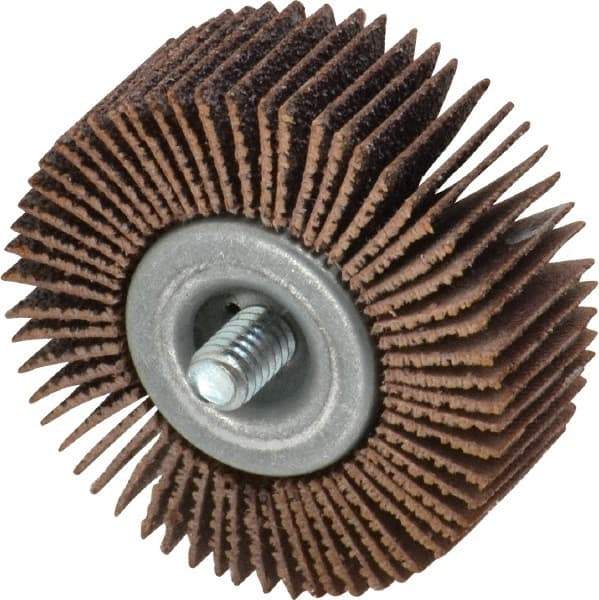 Merit Abrasives - 2" Diam x 3/4" Face Width, Medium Aluminum Oxide Coated Mounted Flap Wheel - 1/4-20 Threaded Mount, 60 Grit, Cloth Backing, 25,000 Max RPM - Eagle Tool & Supply