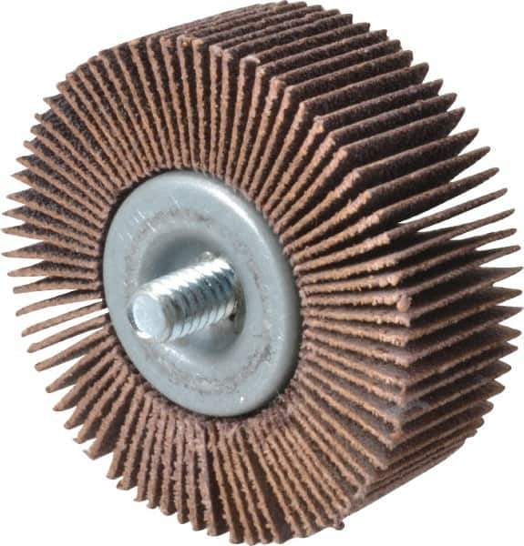 Merit Abrasives - 2" Diam x 3/4" Face Width, Medium Aluminum Oxide Coated Mounted Flap Wheel - 1/4-20 Threaded Mount, 80 Grit, Cloth Backing, 25,000 Max RPM - Eagle Tool & Supply