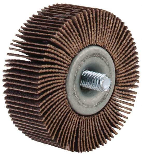 Merit Abrasives - 2" Diam x 3/4" Face Width, Fine Aluminum Oxide Coated Mounted Flap Wheel - 1/4-20 Threaded Mount, 120 Grit, Cloth Backing, 25,000 Max RPM - Eagle Tool & Supply
