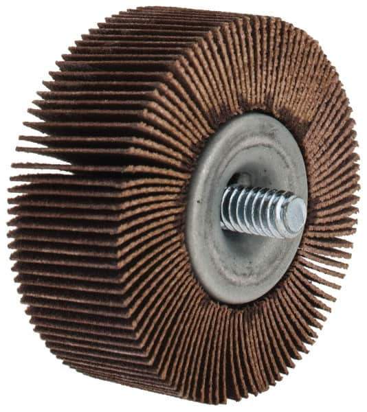 Merit Abrasives - 2" Diam x 3/4" Face Width, Very Fine Aluminum Oxide Coated Mounted Flap Wheel - 1/4-20 Threaded Mount, 180 Grit, Cloth Backing, 25,000 Max RPM - Eagle Tool & Supply