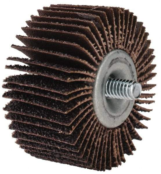 Merit Abrasives - 2" Diam x 1" Face Width, Coarse Aluminum Oxide Coated Mounted Flap Wheel - 1/4-20 Threaded Mount, 40 Grit, Cloth Backing, 25,000 Max RPM - Eagle Tool & Supply