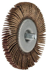 Merit Abrasives - 2-1/2" Diam x 1/4" Face Width, Medium Aluminum Oxide Coated Mounted Flap Wheel - 1/4-20 Threaded Mount, 60 Grit, Cloth Backing, 25,000 Max RPM - Eagle Tool & Supply