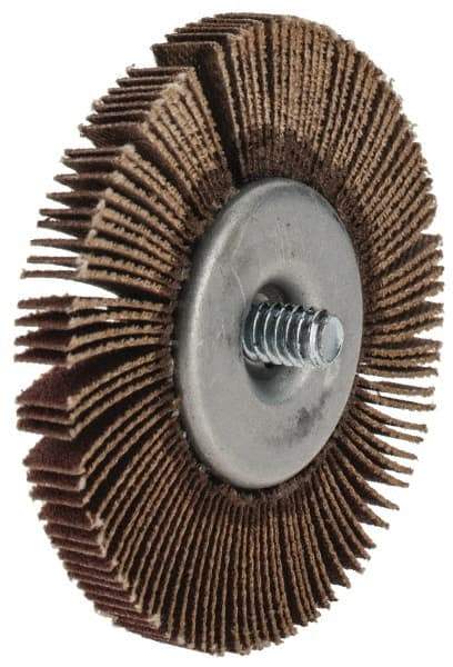 Merit Abrasives - 2-1/2" Diam x 1/4" Face Width, Fine Aluminum Oxide Coated Mounted Flap Wheel - 1/4-20 Threaded Mount, 120 Grit, Cloth Backing, 25,000 Max RPM - Eagle Tool & Supply