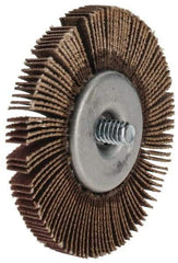 Merit Abrasives - 2-1/2" Diam x 1/4" Face Width, Fine Aluminum Oxide Coated Mounted Flap Wheel - 1/4-20 Threaded Mount, 120 Grit, Cloth Backing, 25,000 Max RPM - Eagle Tool & Supply