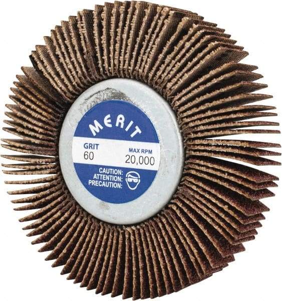 Merit Abrasives - 2-1/2" Diam x 1/2" Face Width, Medium Aluminum Oxide Coated Mounted Flap Wheel - 1/4-20 Threaded Mount, 60 Grit, Cloth Backing, 20,000 Max RPM - Eagle Tool & Supply