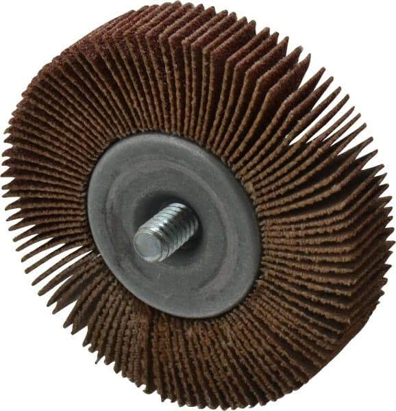 Merit Abrasives - 2-1/2" Diam x 1/2" Face Width, Medium Aluminum Oxide Coated Mounted Flap Wheel - 1/4-20 Threaded Mount, 80 Grit, Cloth Backing, 20,000 Max RPM - Eagle Tool & Supply