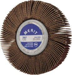 Merit Abrasives - 2-1/2" Diam x 1/2" Face Width, Fine Aluminum Oxide Coated Mounted Flap Wheel - 1/4-20 Threaded Mount, 120 Grit, Cloth Backing, 20,000 Max RPM - Eagle Tool & Supply