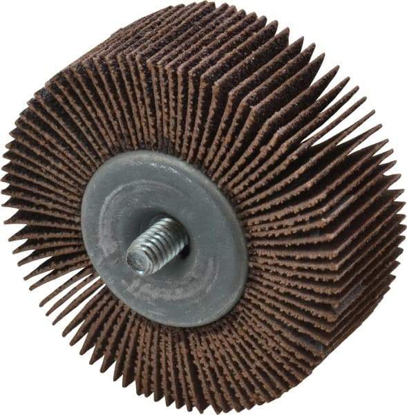 Merit Abrasives - 2-1/2" Diam x 1" Face Width, Medium Aluminum Oxide Coated Mounted Flap Wheel - 1/4-20 Threaded Mount, 60 Grit, Cloth Backing, 20,000 Max RPM - Eagle Tool & Supply