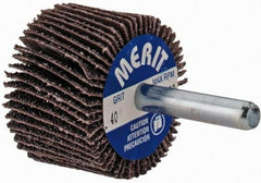 Merit Abrasives - 1-1/2" Diam x 1" Face Width, Coarse Aluminum Oxide Coated Mounted Flap Wheel - 1/4" Shank Mount, 40 Grit, Cloth Backing, 25,000 Max RPM - Eagle Tool & Supply