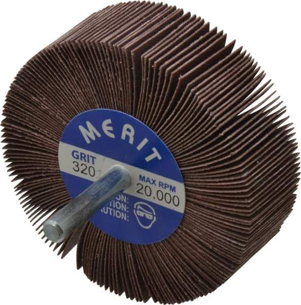 Merit Abrasives - 3" Diam x 1" Face Width, Extra Fine Ceramic Alumina Coated Mounted Flap Wheel - 1/4" Shank Mount, 320 Grit, Cloth Backing, 20,000 Max RPM - Eagle Tool & Supply