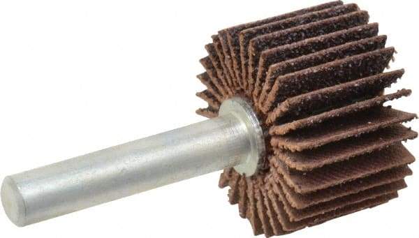 Merit Abrasives - 1" Diam x 5/8" Face Width, Medium Ceramic Alumina Coated Mounted Flap Wheel - 1/4" Shank Mount, 60 Grit, Cloth Backing, 30,000 Max RPM - Eagle Tool & Supply