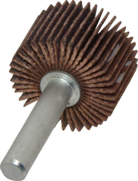 Merit Abrasives - 1" Diam x 5/8" Face Width, Fine Ceramic Alumina Coated Mounted Flap Wheel - 1/4" Shank Mount, 120 Grit, Cloth Backing, 30,000 Max RPM - Eagle Tool & Supply