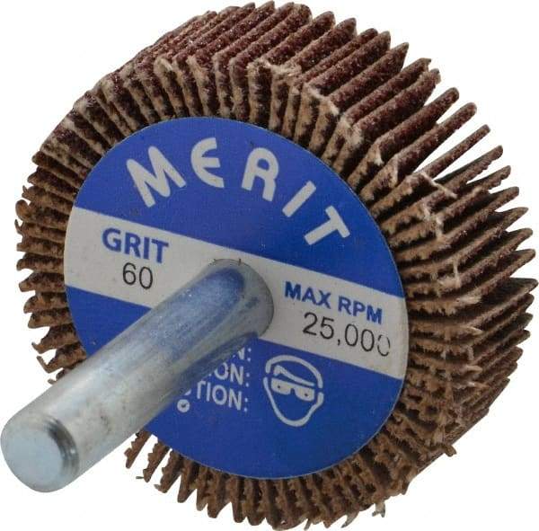 Merit Abrasives - 1-1/2" Diam x 1/2" Face Width, Medium Ceramic Alumina Coated Mounted Flap Wheel - 1/4" Shank Mount, 60 Grit, Cloth Backing, 25,000 Max RPM - Eagle Tool & Supply