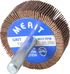 Merit Abrasives - 1-1/2" Diam x 1/2" Face Width, Fine Ceramic Alumina Coated Mounted Flap Wheel - 1/4" Shank Mount, 120 Grit, Cloth Backing, 25,000 Max RPM - Eagle Tool & Supply