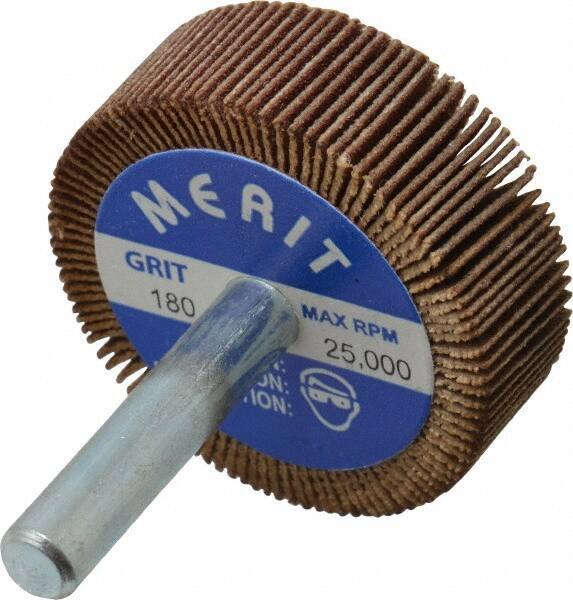 Merit Abrasives - 1-1/2" Diam x 1/2" Face Width, Very Fine Ceramic Alumina Coated Mounted Flap Wheel - 1/4" Shank Mount, 180 Grit, Cloth Backing, 25,000 Max RPM - Eagle Tool & Supply