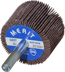 Merit Abrasives - 1-1/2" Diam x 1" Face Width, Medium Ceramic Alumina Coated Mounted Flap Wheel - 1/4" Shank Mount, 80 Grit, Cloth Backing, 25,000 Max RPM - Eagle Tool & Supply