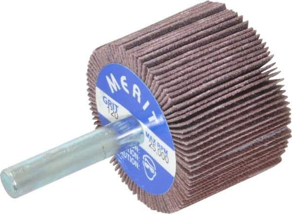 Merit Abrasives - 1-1/2" Diam x 1" Face Width, Fine Ceramic Alumina Coated Mounted Flap Wheel - 1/4" Shank Mount, 120 Grit, Cloth Backing, 25,000 Max RPM - Eagle Tool & Supply