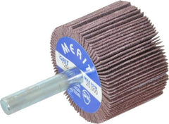 Merit Abrasives - 1-1/2" Diam x 1" Face Width, Fine Ceramic Alumina Coated Mounted Flap Wheel - 1/4" Shank Mount, 120 Grit, Cloth Backing, 25,000 Max RPM - Eagle Tool & Supply
