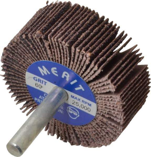 Merit Abrasives - 2" Diam x 3/4" Face Width, Medium Ceramic Alumina Coated Mounted Flap Wheel - 1/4" Shank Mount, 60 Grit, Cloth Backing, 25,000 Max RPM - Eagle Tool & Supply