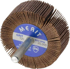 Merit Abrasives - 2" Diam x 3/4" Face Width, Fine Ceramic Alumina Coated Mounted Flap Wheel - 1/4" Shank Mount, 120 Grit, Cloth Backing, 25,000 Max RPM - Eagle Tool & Supply