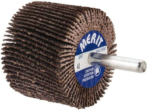 Merit Abrasives - 2" Diam x 1-1/2" Face Width, Coarse Aluminum Oxide Coated Mounted Flap Wheel - 1/4" Shank Mount, 40 Grit, Cloth Backing, 25,000 Max RPM - Eagle Tool & Supply