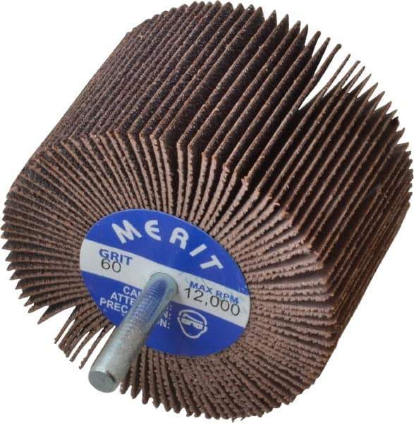 Merit Abrasives - 3" Diam x 2" Face Width, Medium Ceramic Alumina Coated Mounted Flap Wheel - 1/4" Shank Mount, 60 Grit, Cloth Backing, 20,000 Max RPM - Eagle Tool & Supply