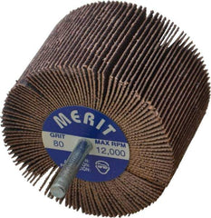 Merit Abrasives - 3" Diam x 2" Face Width, Medium Ceramic Alumina Coated Mounted Flap Wheel - 1/4" Shank Mount, 80 Grit, Cloth Backing, 20,000 Max RPM - Eagle Tool & Supply