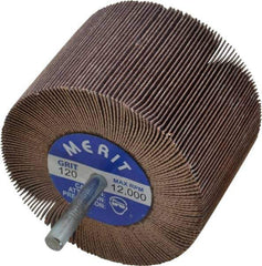 Merit Abrasives - 3" Diam x 2" Face Width, Fine Ceramic Alumina Coated Mounted Flap Wheel - 1/4" Shank Mount, 120 Grit, Cloth Backing, 20,000 Max RPM - Eagle Tool & Supply