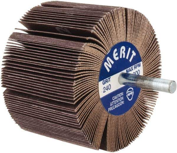 Merit Abrasives - 3" Diam x 2" Face Width, Very Fine Ceramic Alumina Coated Mounted Flap Wheel - 1/4" Shank Mount, 240 Grit, 20,000 Max RPM - Eagle Tool & Supply