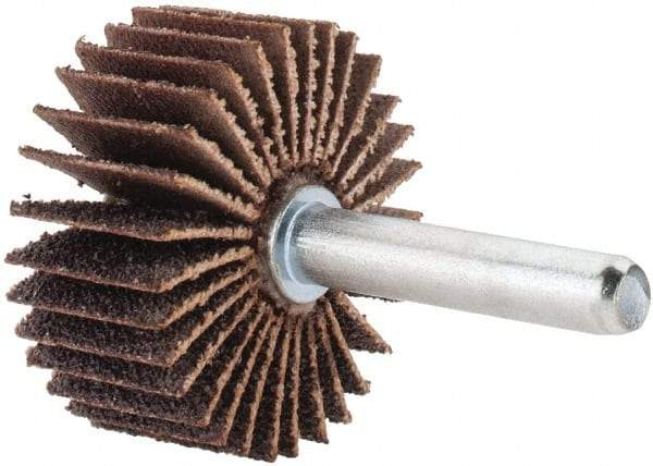 Merit Abrasives - 1-3/8" Diam x 5/8" Face Width, Medium Aluminum Oxide Coated Mounted Flap Wheel - 1/4" Shank Mount, 60 Grit, Cloth Backing, 30,000 Max RPM - Eagle Tool & Supply