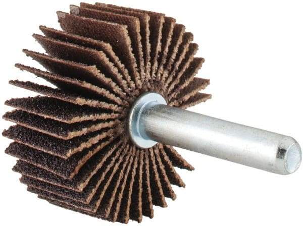 Merit Abrasives - 1-3/8" Diam x 5/8" Face Width, Medium Aluminum Oxide Coated Mounted Flap Wheel - 1/4" Shank Mount, 80 Grit, Cloth Backing, 30,000 Max RPM - Eagle Tool & Supply