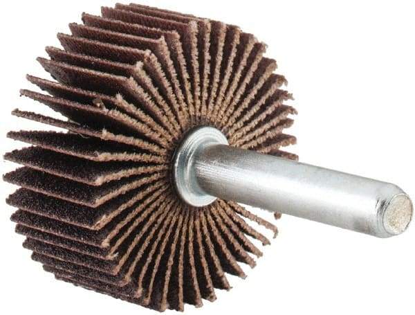 Merit Abrasives - 1-3/8" Diam x 5/8" Face Width, Fine Aluminum Oxide Coated Mounted Flap Wheel - 1/4" Shank Mount, 120 Grit, Cloth Backing, 30,000 Max RPM - Eagle Tool & Supply