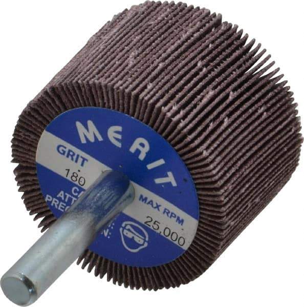 Merit Abrasives - 1-1/2" Diam x 1" Face Width, Very Fine Ceramic Alumina Coated Mounted Flap Wheel - 1/4" Shank Mount, 180 Grit, Cloth Backing, 25,000 Max RPM - Eagle Tool & Supply