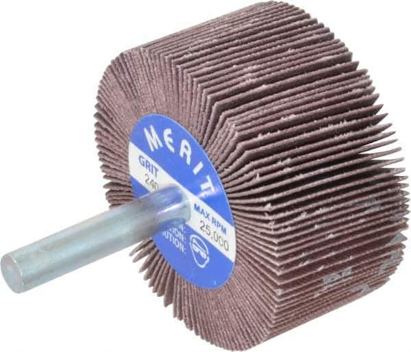 Merit Abrasives - 2" Diam x 1" Face Width, Very Fine Ceramic Alumina Coated Mounted Flap Wheel - 1/4" Shank Mount, 240 Grit, Cloth Backing, 25,000 Max RPM - Eagle Tool & Supply