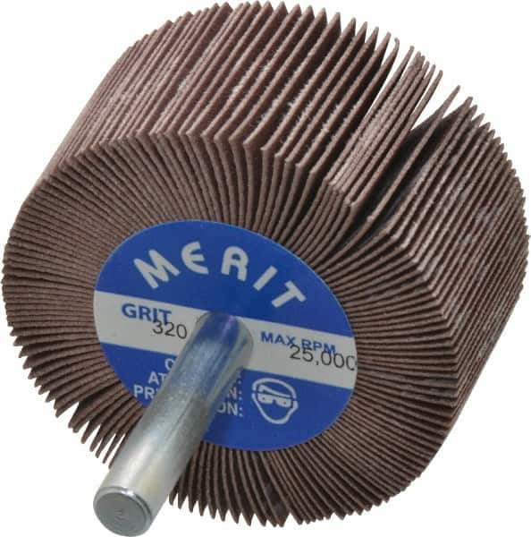 Merit Abrasives - 2" Diam x 1" Face Width, Extra Fine Ceramic Alumina Coated Mounted Flap Wheel - 1/4" Shank Mount, 320 Grit, Cloth Backing, 25,000 Max RPM - Eagle Tool & Supply