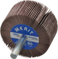Merit Abrasives - 2" Diam x 1" Face Width, Extra Fine Ceramic Alumina Coated Mounted Flap Wheel - 1/4" Shank Mount, 320 Grit, Cloth Backing, 25,000 Max RPM - Eagle Tool & Supply