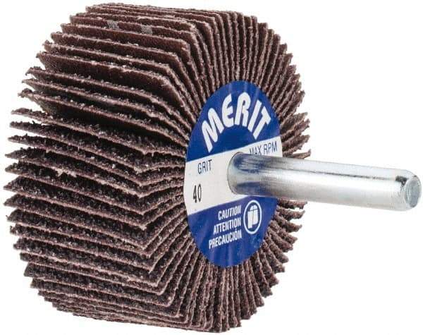 Merit Abrasives - 2" Diam x 1" Face Width, Coarse Aluminum Oxide Coated Mounted Flap Wheel - 1/4" Shank Mount, 40 Grit, Cloth Backing, 25,000 Max RPM - Eagle Tool & Supply
