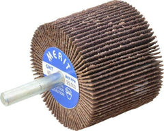 Merit Abrasives - 2" Diam x 1-1/2" Face Width, Medium Ceramic Alumina Coated Mounted Flap Wheel - 1/4" Shank Mount, 60 Grit, Cloth Backing, 25,000 Max RPM - Eagle Tool & Supply