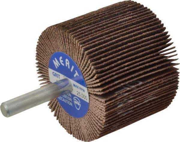 Merit Abrasives - 2" Diam x 1-1/2" Face Width, Medium Ceramic Alumina Coated Mounted Flap Wheel - 1/4" Shank Mount, 80 Grit, Cloth Backing, 25,000 Max RPM - Eagle Tool & Supply