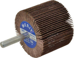Merit Abrasives - 2" Diam x 1-1/2" Face Width, Medium Ceramic Alumina Coated Mounted Flap Wheel - 1/4" Shank Mount, 80 Grit, Cloth Backing, 25,000 Max RPM - Eagle Tool & Supply
